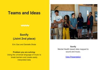 Teams and Ideas
Sonify
(Joint 2nd place)
Eric Gao and Danielle Shala
Problem you are solving:
Using the universal language of music to
break barriers and create easily
interpreted data
Sonify
Mental Health based data mapped to
sound and music.
View Presentation
 