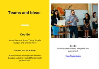 Teams and Ideas
Coo.Ee
Amira Hashemi, Adam Young, Angela
Guirguis and Shakira Wood
Problem you are solving:
B2B communication updates between
therapist and other related Mental Health
professionals
Coo.Ee
Chatbot - personalised, integrated and
augmented.
View Presentation
 
