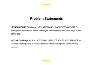 Problem Statements
JEWISH HOUSE Challenge: ISOLATION AND LONELINESS/24/7 CARE -
How people with mental health challenges can keep busy and have ways to feel
connected.
NCOSS Challenge: RURAL, REGIONAL, REMOTE ACCESS TO SERVICES -
Connectivity for people in rural and remote areas dealing with Mental Health
issues.
 