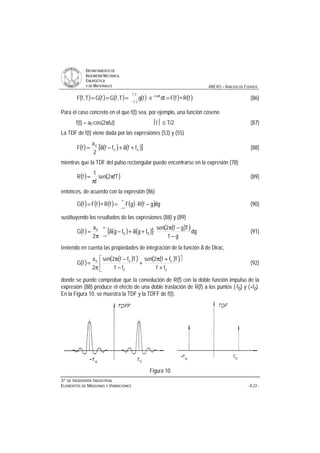DDEEPPAARRTTAAMMEENNTTOO DDEE
IINNGGEENNIIEERRÍÍAA MMEECCÁÁNNIICCAA,,
EENNEERRGGÉÉTTIICCAA
YY DDEE MMAATTEERRIIAALLEESS ANEXO – ANÁLISIS DE FOURIER
33ºº DDEE IINNGGEENNIIEERRÍÍAA IINNDDUUSSTTRRIIAALL
EELLEEMMEENNTTOOSS DDEE MMÁÁQQUUIINNAASS YY VVIIBBRRAACCIIOONNEESS - A.22 -
( ) ( ) ( ) ( ) ( ) ( )fRfFdtetgT,fGfGT,fF
2T
2T
ft2i
∗=⋅===
−
π−
(86)
Para el caso concreto en el que f(t) sea, por ejemplo, una función coseno
f(t) = a0⋅cos(2πf0t) t ≤ T/2 (87)
La TDF de f(t) viene dada por las expresiones (53) y (55)
( ) ( ) ( )[ ]00
0
ffff
2
a
fF +δ+−δ= (88)
mientras que la TDF del pulso rectangular puede encontrarse en la expresión (78)
( ) ( )fT2sen
f
1
fR π
π
= (89)
entonces, de acuerdo con la expresión (86)
( ) ( ) ( ) ( ) ( )
∞
∞−
−⋅=∗= dggfRgFfRfFfG (90)
sustituyendo los resultados de las expresiones (88) y (89)
( ) ( ) ( )[ ] ( )( )∞
∞− −
−π
⋅+δ+−δ
π
= dg
gf
Tgf2sen
fgfg
2
a
fG 00
0
(91)
teniendo en cuenta las propiedades de integración de la función δ de Dirac,
( ) ( )( ) ( )( )ù
ê
ë
é
+
+π
+
−
−π
π
=
0
0
0
00
ff
Tff2sen
ff
Tff2sen
2
a
fG (92)
donde se puede comprobar que la convolución de R(f) con la doble función impulso de la
expresión (88) produce el efecto de una doble traslación de R(f) a los puntos (-f0) y (+f0).
En la Figura 10, se muestra la TDF y la TDFF de f(t).
Figura 10
 