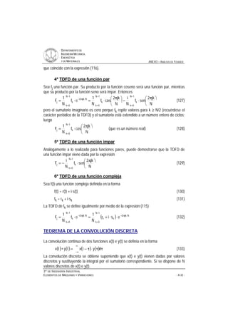 DDEEPPAARRTTAAMMEENNTTOO DDEE
IINNGGEENNIIEERRÍÍAA MMEECCÁÁNNIICCAA,,
EENNEERRGGÉÉTTIICCAA
YY DDEE MMAATTEERRIIAALLEESS ANEXO – ANÁLISIS DE FOURIER
33ºº DDEE IINNGGEENNIIEERRÍÍAA IINNDDUUSSTTRRIIAALL
EELLEEMMEENNTTOOSS DDEE MMÁÁQQUUIINNAASS YY VVIIBBRRAACCIIOONNEESS - A.32 -
que coincide con la expresión (116).
4º TDFD de una función par
Sea fj una función par. Su producto por la función coseno será una función par, mientras
que su producto por la función seno será impar. Entonces
−
=
−
=
−
=
π− ö
ç
è
æ π
⋅−÷
ö
ç
è
æ π
⋅=⋅=
1N
0k
k
1N
0k
k
1N
0k
Njk2i
kj
N
jk2
senf
N
i
N
jk2
cosf
N
1
ef
N
1
F (127)
pero el sumatorio imaginario es cero porque fk repite valores para k ≥ N/2 (recuérdese el
carácter periódico de la TDFD) y el sumatorio está extendido a un número entero de ciclos;
luego
−
=
ö
ç
è
æ π
⋅=
1N
0k
kj
N
jk2
cosf
N
1
F (que es un número real) (128)
5º TDFD de una función impar
Análogamente a lo realizado para funciones pares, puede demostrarse que la TDFD de
una función impar viene dada por la expresión
−
=
ö
ç
è
æ π
⋅−=
1N
0k
kj
N
jk2
senf
N
i
F (129)
6º TDFD de una función compleja
Sea f(t) una función compleja definida en la forma
f(t) = r(t) + i⋅s(t) (130)
fk = rk + i⋅sk (131)
La TDFD de fk se define igualmente por medio de la expresión (115)
( )
−
=
π−
−
=
π−
⋅⋅+=⋅=
1N
0k
Njk2i
kk
1N
0k
Njk2i
kj esir
N
1
ef
N
1
F (132)
TEOREMA DE LA CONVOLUCIÓN DISCRETA
La convolución continua de dos funciones x(t) e y(t) se definía en la forma
( ) ( ) ( ) ( )
∞
∞−
ττ⋅τ−=∗ dytxtytx (133)
La convolución discreta se obtiene suponiendo que x(t) e y(t) vienen dadas por valores
discretos y sustituyendo la integral por el sumatorio correspondiente. Si se dispone de N
valores discretos de x(t) e y(t).
 