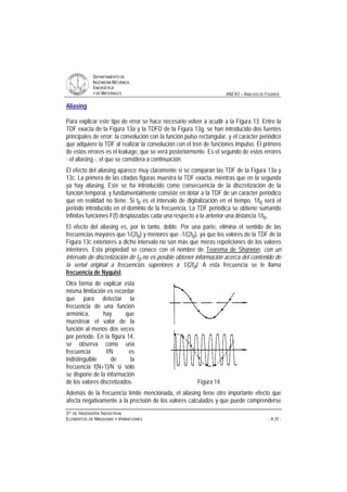 DDEEPPAARRTTAAMMEENNTTOO DDEE
IINNGGEENNIIEERRÍÍAA MMEECCÁÁNNIICCAA,,
EENNEERRGGÉÉTTIICCAA
YY DDEE MMAATTEERRIIAALLEESS ANEXO – ANÁLISIS DE FOURIER
33ºº DDEE IINNGGEENNIIEERRÍÍAA IINNDDUUSSTTRRIIAALL
EELLEEMMEENNTTOOSS DDEE MMÁÁQQUUIINNAASS YY VVIIBBRRAACCIIOONNEESS - A.35 -
Aliasing
Para explicar este tipo de error se hace necesario volver a acudir a la Figura 13. Entre la
TDF exacta de la Figura 13a y la TDFD de la Figura 13g, se han introducido dos fuentes
principales de error: la convolución con la función pulso rectangular, y el carácter periódico
que adquiere la TDF al realizar la convolución con el tren de funciones impulso. El primero
de estos errores es el leakage, que se verá posteriormente. Es el segundo de estos errores
- el aliasing -, el que se considera a continuación.
El efecto del aliasing aparece muy claramente si se comparan las TDF de la Figura 13a y
13c. La primera de las citadas figuras muestra la TDF exacta, mientras que en la segunda
ya hay aliasing. Este se ha introducido como consecuencia de la discretización de la
función temporal, y fundamentalmente consiste en dotar a la TDF de un carácter periódico
que en realidad no tiene. Si t0 es el intervalo de digitalización en el tiempo, 1/t0 será el
periodo introducido en el dominio de la frecuencia. La TDF periódica se obtiene sumando
infinitas funciones F(f) desplazadas cada una respecto a la anterior una distancia 1/t0.
El efecto del aliasing es, por lo tanto, doble. Por una parte, elimina el sentido de las
frecuencias mayores que 1/(2t0) y menores que -1/(2t0), ya que los valores de la TDF de la
Figura 13c exteriores a dicho intervalo no son más que meras repeticiones de los valores
interiores. Esta propiedad se conoce con el nombre de Teorema de Shannon: con un
intervalo de discretización de t0 no es posible obtener información acerca del contenido de
la señal original a frecuencias superiores a 1/(2t0). A esta frecuencia se le llama
frecuencia de Nyquist.
Otra forma de explicar esta
misma limitación es recordar
que para detectar la
frecuencia de una función
armónica, hay que
muestrear el valor de la
función al menos dos veces
por periodo. En la figura 14,
se observa como una
frecuencia f/N es
indistinguible de la
frecuencia f(N+1)/N si sólo
se dispone de la información
de los valores discretizados. Figura 14
Además de la frecuencia límite mencionada, el aliasing tiene otro importante efecto que
afecta negativamente a la precisión de los valores calculados y que puede comprenderse
 
