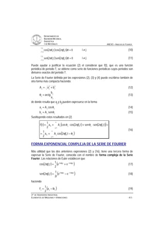 DDEEPPAARRTTAAMMEENNTTOO DDEE
IINNGGEENNIIEERRÍÍAA MMEECCÁÁNNIICCAA,,
EENNEERRGGÉÉTTIICCAA
YY DDEE MMAATTEERRIIAALLEESS ANEXO – ANÁLISIS DE FOURIER
33ºº DDEE IINNGGEENNIIEERRÍÍAA IINNDDUUSSTTRRIIAALL
EELLEEMMEENNTTOOSS DDEE MMÁÁQQUUIINNAASS YY VVIIBBRRAACCIIOONNEESS - A.5 -
( ) ( ) 0dttjf2costif2cos
2T
2T 00 =ππ
−
i ≠ j (10)
( ) ( ) 0dttjf2sentif2sen
2T
2T 00 =ππ
−
i ≠ j (11)
Puede ayudar a justificar la ecuación (2) el considerar que f(t), que es una función
periódica de periodo T, se obtiene como serie de funciones periódicas cuyos periodos son
divisores exactos del periodo T.
La Serie de Fourier definida por las expresiones (2), (3) y (4) puede escribirse también de
otra forma más compacta haciendo:
2
j
2
jj baA += (12)
j
j
j
a
b
arctg=θ (13)
de donde resulta que aj y bj pueden expresarse en la forma
jjj cosAa θ= (14)
jjj senAb θ= (15)
Sustituyendo estos resultados en (2)
( ) ( ) ( )( )
( )
∞
=
∞
=
θ−π+=
=π⋅θ+π⋅θ+=
1j
j0j0
1j
0j0jj0
tjf2cosAa
2
1
tjf2sensentjf2coscosAa
2
1
tf
(16)
FORMA EXPONENCIAL COMPLEJA DE LA SERIE DE FOURIER
Más utilidad que las dos anteriores expresiones (2) y (16), tiene una tercera forma de
expresar la Serie de Fourier, conocida con el nombre de forma compleja de la Serie
Fourier. Las relaciones de Euler establecen que
( ) ( )t0jf2it0jf2i
0 ee
2
1
tjf2cos π−π
+=π (17)
( ) ( )t0jf2it0jf2i
0 ee
i2
1
tjf2sen π−π
−=π (18)
haciendo
( )jjj iba
2
1
F −= (19)
 