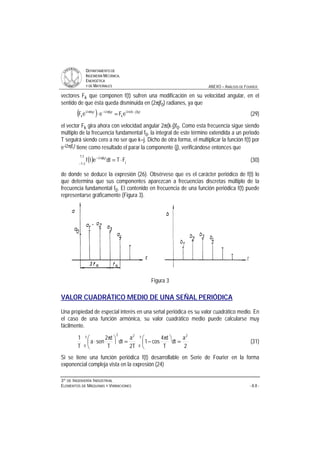 DDEEPPAARRTTAAMMEENNTTOO DDEE
IINNGGEENNIIEERRÍÍAA MMEECCÁÁNNIICCAA,,
EENNEERRGGÉÉTTIICCAA
YY DDEE MMAATTEERRIIAALLEESS ANEXO – ANÁLISIS DE FOURIER
33ºº DDEE IINNGGEENNIIEERRÍÍAA IINNDDUUSSTTRRIIAALL
EELLEEMMEENNTTOOSS DDEE MMÁÁQQUUIINNAASS YY VVIIBBRRAACCIIOONNEESS - A.8 -
vectores Fk que componen f(t) sufren una modificación en su velocidad angular, en el
sentido de que ésta queda disminuida en (2πjf0) radianes, ya que
( ) ( ) t0fjk2i
k
t0jf2it0kf2i
k eFeeF −ππ−π
=⋅ (29)
el vector Fk gira ahora con velocidad angular 2π(k-j)f0. Como esta frecuencia sigue siendo
múltiplo de la frecuencia fundamental f0, la integral de este término extendida a un periodo
T seguirá siendo cero a no ser que k=j. Dicho de otra forma, el multiplicar la función f(t) por
e-i2πjf0t tiene como resultado el parar la componente (j), verificándose entonces que
( ) j
2T
2T
t0jf2i
FTdtetf ⋅=
−
π−
(30)
de donde se deduce la expresión (26). Obsérvese que es el carácter periódico de f(t) lo
que determina que sus componentes aparezcan a frecuencias discretas múltiplo de la
frecuencia fundamental f0. El contenido en frecuencia de una función periódica f(t) puede
representarse gráficamente (Figura 3).
Figura 3
VALOR CUADRÁTICO MEDIO DE UNA SEÑAL PERIÓDICA
Una propiedad de especial interés en una señal periódica es su valor cuadrático medio. En
el caso de una función armónica, su valor cuadrático medio puede calcularse muy
fácilmente.
2
a
dt
T
t4
cos1
T2
a
dt
T
t2
sena
T
1 2T
0
2T
0
2
=
ö
ç
è
æ π
−=÷
ö
ç
è
æ π
⋅ (31)
Si se tiene una función periódica f(t) desarrollable en Serie de Fourier en la forma
exponencial compleja vista en la expresión (24)
 