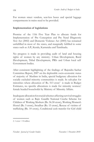 158                                       Gender Audit of Budgets in India


For women street vendors, seat-less buses and special luggage
compartments in trains need to be provided.

Implementation of legislations

Promise of the 11th Five Year Plan to allocate funds for
Implementation of Pre Conception and Pre Natal Diagnostic
Test Act (2002) and Domestic Violence Act (2005) has remained
unfulfilled in most of the states, and marginally fulfilled in some
states such as A.P., Kerala, Karnataka and Tamilnadu.

No progress is made in providing audit of land and housing
rights of women by any ministry- Urban Development, Rural
Development, Tribal Development, PRIs and Urban local self
Government bodies.

After consistent highlighting of the findings of Rajendra Sachar
Committee Report, 2007 on the deplorable socio-economic status
of majority of Muslims in India, special budgetary allocation for
socially excluded minority communities is made. In sub-plan for
minorities where allocation of Rs. 513 crore2 is made in Budget
Estimates, no specific allocations is made for minority women/
female headed households by Ministry of Minority Affairs.

Inadequate allocation for crucial schemes affecting survival struggles
of women such as Rajiv Gandhi National Creche Scheme for
Children of Working Mothers (Rs. 56.50 crore), Working Women’s
Hostel (Rs. 5 crore), Swadhar (Rs. 15 crore), Rescue of victims of
trafficking (Rs. 10 crore), Conditional cash transfer for Girl child



2. 1 crore = 10 million	




Nivedini - Journal of Gender Studies           November / December 2010
 