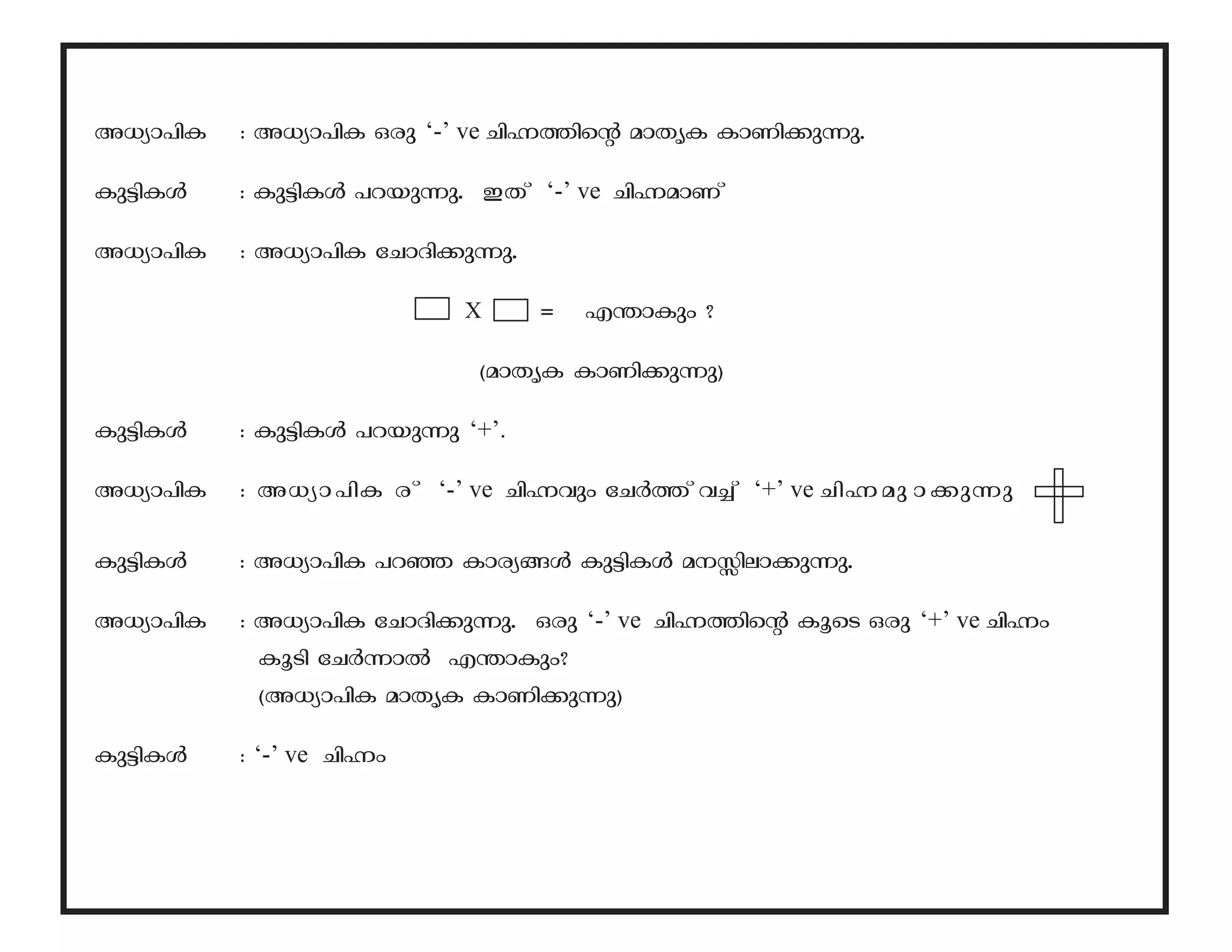A[ym-]nI : A[ym-]nI Hcp ‘-’ ve NnÓ-¯nsâ amXrI ImWn-¡p-¶p. 
Ip«n-IÄ : Ip«n-IÄ ]d-bp¶p. CXv ‘-’ ve NnÓ-amWv 
A[ym-]nI : A[ym-]nI tNmZn-¡p-¶p. 
X = F´mIpw ? 
(amXrI ImWn-¡p-¶p) 
Ip«n-IÄ : Ip«n-IÄ ]d-bp¶p ‘+’. 
A[ym-]nI : A[ym-]nI c-v ‘-’ ve NnÓhpw tNÀ¯v h¨v ‘+’ ve NnÓ-ap--m-¡p¶p 
Ip«n-IÄ : A[ym-]nI ]dª Imcy-§Ä Ip«n-IÄ a-Ên-em-¡p-¶p. 
A[ym-]nI : A[ym-]nI tNmZn-¡p-¶p. Hcp ‘-’ ve NnÓ-¯nsâ IqsS Hcp ‘+’ ve NnÓw 
IqSn tNÀ¶mÂ F´mIpw? 
(A[ym-]nI amXrI ImWn-¡p-¶p) 
Ip«n-IÄ : ‘-’ ve NnÓw 
 