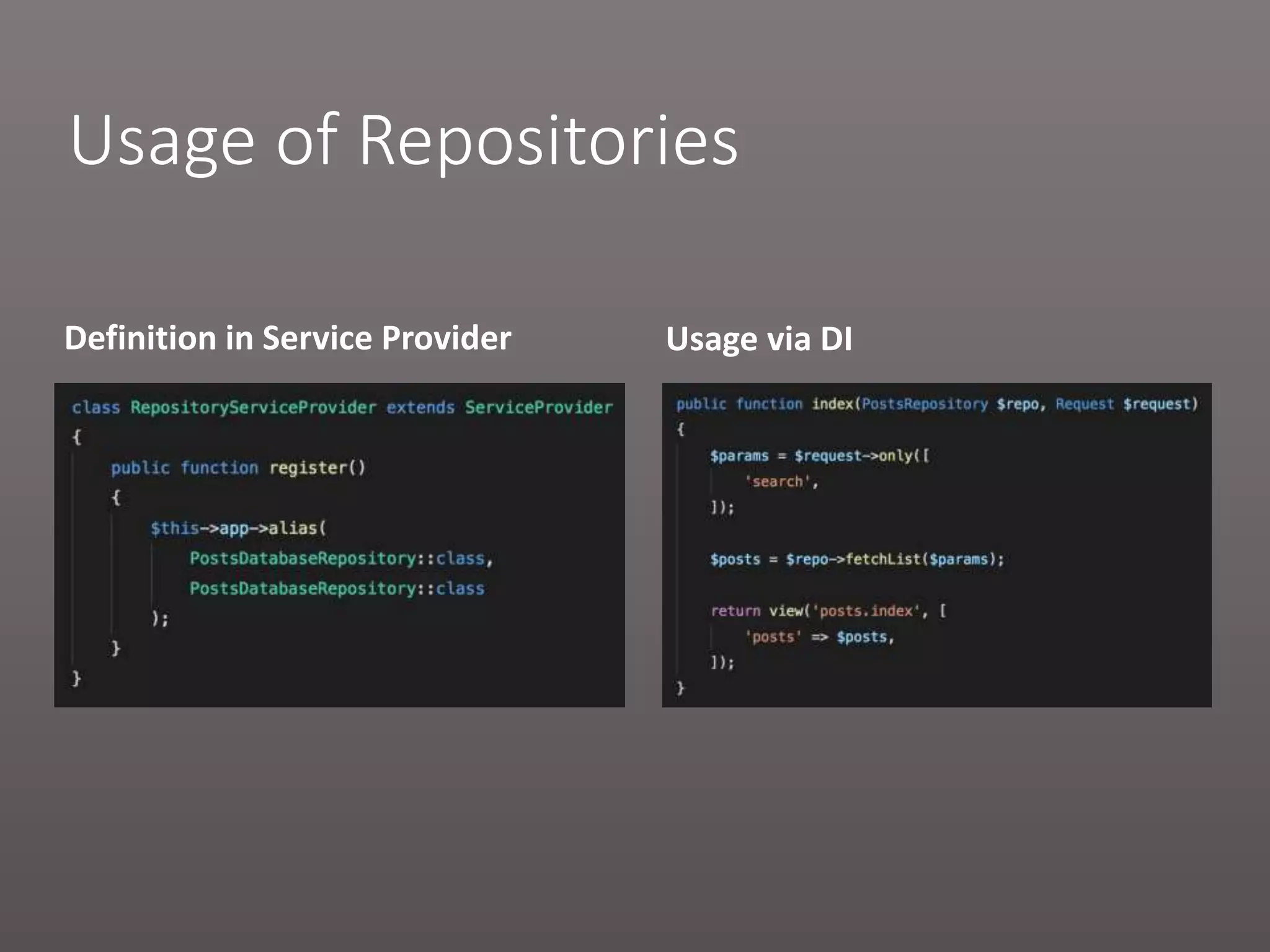 Usage of Repositories Definition in Service Provider Usage via DI 