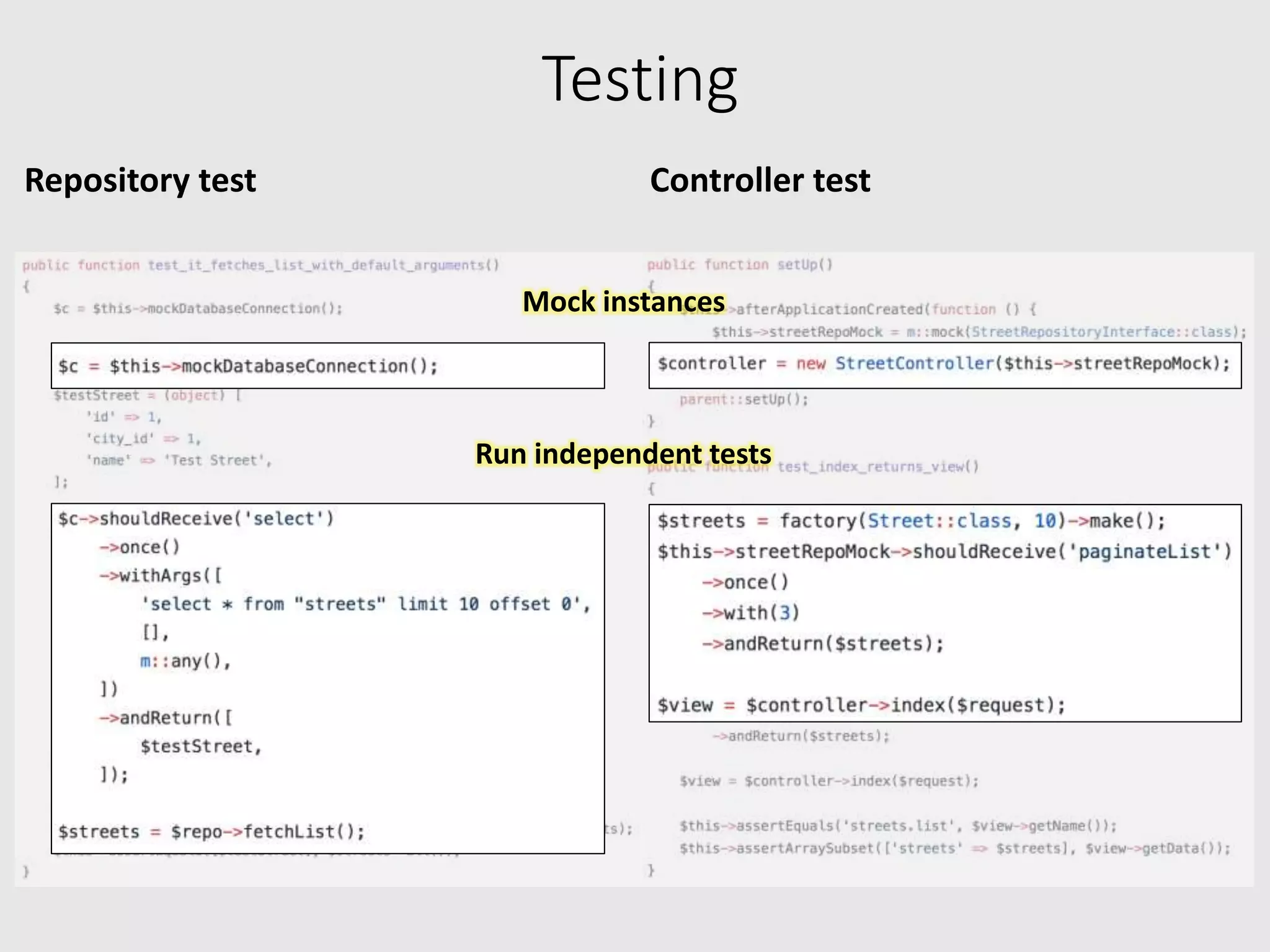 Testing Repository test Controller test Mock instances Run independent tests 