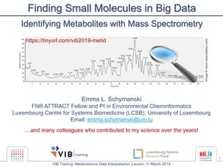 1
Finding Small Molecules in Big Data
Identifying Metabolites with Mass Spectrometry
Emma L. Schymanski
FNR ATTRACT Fellow and PI in Environmental Cheminformatics
Luxembourg Centre for Systems Biomedicine (LCSB), University of Luxembourg
Email: emma.schymanski@uni.lu
…and many colleagues who contributed to my science over the years!
Image©www.seanoakley.com/
https://tinyurl.com/vib2019-metid
VIB Training: Metabolomics Data Interpretation, Leuven, 11 March 2019
 