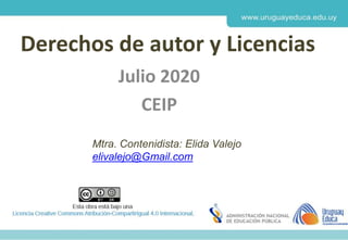 Derechos de autor y Licencias
Julio 2020
CEIP
Mtra. Contenidista: Elida Valejo
elivalejo@Gmail.com
 