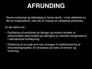 AFRUNDING
Denne workshop og idékatalog er første skridt - vi har afdækket en
del af mulighederne, men der er masser af uafdækket potentiale.

Er der behov for:

• Facilitering af workshop for klynger og mindre netværk af
  virksomheder med henblik på yderligere at udforske mulighederne
  i nærværende kortlægning.

• Etablering af en pulje som kan ansøges til medﬁnansiering af
  innovationsprojekter, for eksempel på tværs af erhverv og
  forskning.
 