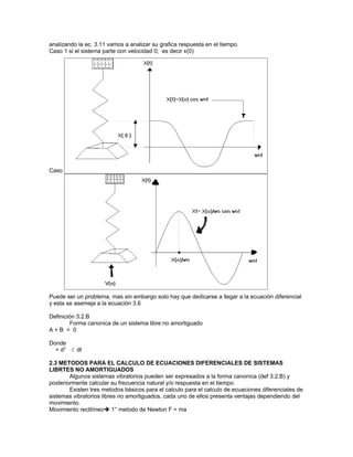analizando la ec. 3.11 vamos a analizar su grafica respuesta en el tiempo.
Caso 1 si el sistema parte con velocidad 0; es decir x(0)




Caso 2: si el sistema parte con velocidad inicial x(0) y sin deformación, es decir x(0)




Puede ser un problema, mas sin embargo solo hay que dedicarse a llegar a la ecuación diferencial
y esta se asemeja a la ecuación 3.6

Definición 3.2.B
        Forma canonica de un sistema libre no amortiguado
A+B = 0

Donde
  = d2   / dt

2.3 METODOS PARA EL CALCULO DE ECUACIONES DIFERENCIALES DE SISTEMAS
LIBRTES NO AMORTIGUADOS
        Algunos sistemas vibratorios pueden ser expresados a la forma canonica (def 3.2.B) y
posteriormente calcular su frecuencia natural y/o respuesta en el tiempo.
        Existen tres metodos básicos para el calculo para el calculo de ecuaciones diferenciales de
sistemas vibratorios libres no amortiguados, cada uno de ellos presenta ventajas dependiendo del
movimiento.
Movimiento rectilíneo 1° metodo de Newton F = ma
 