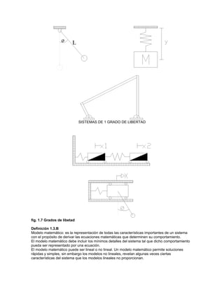 SISTEMAS DE 1 GRADO DE LIBERTAD




fig. 1.7 Grados de libetad

Definición 1.3.B
Modelo matemático: es la representación de todas las características importantes de un sistema
con el propósito de derivar las ecuaciones matemáticas que determinen su comportamiento.
El modelo matemático debe incluir los mínimos detalles del sistema tal que dicho comportamiento
pueda ser representado por una ecuación.
El modelo matemático puede ser lineal o no lineal. Un modelo matemático permite soluciones
rápidas y simples, sin embargo los modelos no lineales, revelan algunas veces ciertas
características del sistema que los modelos lineales no proporcionan.
 