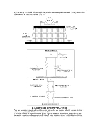 Algunas veces, durante el procedimiento del análisis, el modelaje se realiza en forma gradual, esto
dependiendo de los componentes. (Fig. 14.7)




                            2 ELEMENTOS DE SISTEMAS VIBRATORIOS
Para que un sistema pueda vibrar debe poseer elementos que puedan adquirir energía cinética y
elementos capaces de almacenar energía cinética.
El análisis cinético es el procedimiento que le sigue al modelaje matemático, es por eso que el
estudio de sistemas dinámicos se vuelve esencial para el estudio de las vibraciones mecánicas.
 
