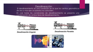 Desalineación
El desalineamiento es una condición en la que los centros geométricos
de dos o mas ejes acoplados no coinciden.
En casi todas las condiciones de desalineamiento se presenta una
combinación de ambos tipos de desalineamiento.
Desalineación Angular Desalineación Paralela
 
