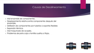 Causas de Desalineamiento
 Mal ensamble de componentes.
 Desplazamiento relativo entre componentes después del
ensamble.
 Deflexión de componentes por tuberías o soportes flexibles
 Expansión térmica.
 Mal maquinado de acoples.
 Problemas de pata coja o tornillos sueltos o flojos.
 