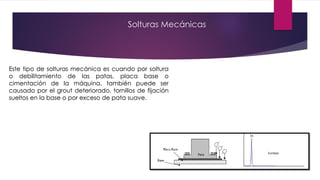 Solturas Mecánicas
Este tipo de solturas mecánica es cuando por soltura
o debilitamiento de las patas, placa base o
cimentación de la máquina, también puede ser
causado por el grout deteriorado, tornillos de fijación
sueltos en la base o por exceso de pata suave.
 