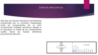 Este tipo de solturas mecánica normalmente
ocasionada por un contacto inapropiado
entre los componentes de un rotor
ocasionando múltiples armónicos debido a
la respuesta no lineal de los componentes
sueltos hacia las fuerzas dinámicas
provenientes del rotor.
Solturas Mecánicas
 
