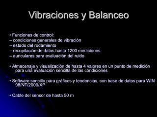 Vibraciones y Balanceo
• Funciones de control:
– condiciones generales de vibración
– estado del rodamiento
– recopilación de datos hasta 1200 mediciones
– auriculares para evaluación del ruido
• Almacenaje y visualización de hasta 4 valores en un punto de medición
para una evaluación sencilla de las condiciones
• Software sencillo para gráficos y tendencias, con base de datos para WIN
98/NT/2000/XP
• Cable del sensor de hasta 50 m
 