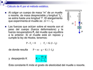  Las fuerzas que actúan sobre el resorte son el
peso del cuerpo (fuerza deformadora) y la
fuerza recuperadora Fr del muelle que equilibra
a la anterior. Si el muelle está en reposo y
cumple la ley de Hooke, tenemos:
- Cálculo de K por el método estático.
 Al colgar un cuerpo de masa “m” de un muelle
o resorte, de masa despreciable y longitud “l0”,
se estira hasta una longitud “l”. El alargamiento
que experimenta el muelle es: l = l - l0.
P - Fr = 0 ; Fr = K (l - l0)
de donde resulta P = m · g = K ( l -l0)
y despejando K K
m g
l l0



Esta constante K mide el grado de elesticidad del muelle o resorte.
 