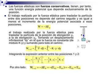  Las fuerzas elásticas son fuerzas conservativas, tienen, por tanto,
una función energía potencial que depende exclusivamente de la
posición.
el trabajo realizado por la fuerza elástica para
trasladar la partícula de la posición de elongación y1
a la de elongación y2. Tomando un desplazamiento
infinitesimal “dy” en el que la fuerza es constante (de
módulo K·y) y sumando para todo el camino:
W F dy K y dy1 2 y
y
y
y
1
2
1
2
       
 
Integrando la expresión anterior entre las posiciones 1 y 2:
2
1
2
2
y
y
2
21 yK
2
1
yK
2
1
2
yK
W
2
1





 

Por otro lado: W E (E E ) E E1 2 P P2 P1 P2 P1        
pΔEW 
 El trabajo realizado por la fuerza elástica para trasladar la partícula
entre dos posiciones no depende del camino seguido y es igual a
menos el incremento de la energía potencial asociada a esas
posiciones.
 