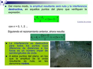  Del mismo modo, la amplitud resultante será nula y la interferencia
destructiva, en aquellos puntos del plano que verifiquen la
expresión:
 k
d d
2
2 1
  2 1
2
n

con n = 0, 1, 2 ...
Siguiendo el razonamiento anterior, ahora resulta:
 
2
)12(
2
12
dd 12



 n
n
 La interferencia es destructiva
para todos los puntos cuya
diferencia de distancias a los
focos es un número impar de
semilongitudes de onda.
 A estos puntos del plano, en los
que la amplitud de la onda
resultante es nula, se les
denomina nodos.
Cubeta de ondas
 