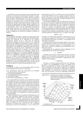 El síndrome de mareo tiene también otras características más
variables. Un síntoma de temprana aparición puede ser la alte-
ración del ritmo respiratorio, con suspiros y bostezos, y también
puede producirse hiperventilación, sobre todo en personas a
quienes la causa o consecuencia de su discapacidad les provoca
ansiedad. Se comunican casos de dolor de cabeza, tinnitus
(campanilleo) y vértigo, mientras que la apatía y la depresión son
frecuentes en quienes padecen malestar agudo, y pueden ser de
tal intensidad que lleguen a descuidarse la seguridad personal y
la supervivencia. Tras el cese del movimiento provocador de
mareo puede imponerse una sensación de letargo y somno-
lencia, siendo éstos a veces los únicos síntomas en situaciones en
las que la adaptación al movimiento inhabitual se produce sin
malestar.
Adaptación
Con la exposición continuada o repetida a un determinado movi-
miento provocador de mareo, la mayoría de los individuos experi-
mentan una reducción de la severidad de los síntomas;
normalmente después de tres o cuatro días de exposición
continua (por ejemplo a bordo de un barco o en un vehículo
espacial) se han adaptado al movimiento y pueden realizar sus
tareas habituales sin discapacidad. En relación con el modelo de
“discordancia”, esta adaptación o habituación representa el esta-
blecimiento de una nueva serie de “expectativas” en el sistema
nervioso central. Ahora bien, al regresar a un entorno familiar,
estas expectativas dejarán de ser adecuadas y puede que se
repitan los síntomas de mareo (mareo del desembarque) hasta que se
produzca la readaptación. Los individuos difieren considerable-
mente en su velocidad de adaptación, en la forma de mantener
ésta y en el grado en que pueden generalizar la adaptación
protectora de un entorno de movimiento a otro. Lamentable-
mente, una pequeña proporción de la población (probablemente
alrededor del 5 %) no consigue adaptarse o lo hace con tal
lentitud que continúa experimentando síntomas durante todo el
período de exposición al movimiento provocador de mareo.
Incidencia
La incidencia de mareo en un determinado entorno de movi-
miento depende de varios factores, en particular
• las características físicas del movimiento (su intensidad,
frecuencia y dirección de actuación)
• la duración de la exposición;
• la susceptibilidad intrínseca del individuo;
• la tarea que se realiza,
• otros factores ambientales (p. ej., el olor).
No es de extrañar, por lo tanto, que la incidencia de mareo
varíe ampliamente entre los diferentes entornos de movimiento.
Por ejemplo: casi todos los ocupantes de lanchas salvavidas en
mar agitado vomitan; el 60 % de los alumnos que se preparan
para tripular aviones sufren mareo en algún momento durante
su entrenamiento, mareo que en el 15 % de los casos es lo
bastante intenso para perturbar su proceso de formación; en
contraste, menos del 0,5 % de los pasajeros de aviones de trans-
porte civiles resultan afectados, aunque la incidencia es mayor al
volar a baja altitud y con turbulencia en aviones pequeños de
itinerario pendular.
Estudios de laboratorio y de campo han evidenciado que en el
caso del movimiento oscilatorio lineal vertical (o elevación
vertical rápida), la oscilación a una frecuencia de aproximada-
mente 0,2 Hz es la más provocadora de mareo (véase la
Figura 50.6). Con una intensidad de oscilación (aceleración pico)
dada, la incidencia de mareo disminuye con gran rapidez al
aumentar la frecuencia por encima de 0,2 Hz; el potencial
provocador de mareo del movimiento a 1 Hz es menos de la
décima parte que a 0,2 Hz. Lo mismo sucede con el movimiento
a frecuencias inferiores a 0,2 Hz, aunque la relación entre inci-
dencia y frecuencia no está bien definida debido a la falta de
datos experimentales; desde luego, un entorno estable de 1-G y
frecuencia cero no provoca mareo.
Las relaciones establecidas entre la incidencia de los síntomas
de mareo y la frecuencia, magnitud y duración del movimiento
de elevación vertical rápida (eje z ) han conducido al desarrollo
de fórmulas sencillas que permiten predecir la incidencia
cuando se conocen los parámetros físicos del movimiento.
El concepto, plasmado en la Norma Británica 6841 (BSI 1987b)
y en el proyecto de Norma Internacional ISO 2631-1, es que la
incidencia de los síntomas es proporcional al Valor de la Dosis
de Mareo (MSDVz). El MSDVz (en m/s1.5) se define como sigue:
MSDVz = (a2
t)½
en donde a es el valor medio cuadrático o valor eficaz (r.m.s.), de
la aceleración ponderada en frecuencia (en m/s2) determinada
por integración lineal sobre la duración, t (en segundos), de la
exposición al movimiento.
La ponderación de frecuencia que debe aplicarse a la acelera-
ción del estímulo es un filtro con una frecuencia central y carac-
terísticas de atenuación similares a las representadas en la
Figura 50.6. La función de ponderación está definida con exac-
titud en las normas.
El porcentaje de una población adulta inadaptada (P) con
probabilidad de sufrir vómito viene dada por:
P = 1/3MSDVz
El MSDVz puede utilizarse asimismo para predecir el nivel de
malestar. En una escala de cuatro puntos, de cero (me siento
perfectamente) a tres (me siento fatal) la “clasificación de enfer-
medad” (I) viene dada por:
I = 0,02MSDVz
Teniendo en cuenta las grandes diferencias entre individuos
en cuanto a su susceptibilidad al mareo, la relación entre
MSDVz y la producción de vómito en experimentos de labora-
torio y en pruebas en el mar (véase la Figura 50.7) es aceptable.
Hay que señalar que las fórmulas se desarrollaron a partir de
datos adquiridos en exposiciones de duración comprendida
entre unos 20 minutos y seis horas, habiéndose producido el
ENCICLOPEDIA DE SALUD Y SEGURIDAD EN EL TRABAJO 50.15 MAREO INDUCIDO POR EL MOVIMIENTO 50.15
RIESGOS GENERALES
50.VIBRACIONES
Figura 50.6 • Incidencia de cinetosis en función de
la frecuencia de onda y la aceleración
para 2 horas de exposición a movimiento
senoidal vertical.
 