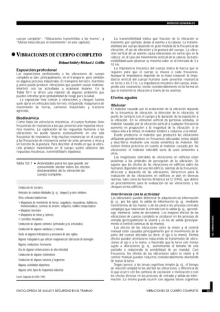 cuerpo completo”; “Vibraciones transmitidas a las manos”, y
“Mareo inducido por el movimiento” en este capítulo).
•VIBRACIONES DE CUERPO COMPLETO
VIBRACIONES DE CUERPO COMPLETO
Helmut Seidel y Michael J. Griffin
Exposición profesional
Las exposiciones profesionales a las vibraciones de cuerpo
completo se dan, principalmente, en el transporte, pero también
en algunos procesos industriales. El transporte terrestre, marítimo
y aéreo puede producir vibraciones que pueden causar malestar,
interferir con las actividades u ocasionar lesiones. En la
Tabla 50.1 se ofrece una relación de algunos ambientes que
pueden entrañar gran probabilidad de riesgo para la salud.
La exposición más común a vibraciones y choques fuertes
suele darse en vehículos todo terreno, incluyendo maquinaria de
movimiento de tierras, camiones industriales y tractores
agrícolas.
Biodinámica
Como todas las estructuras mecánicas, el cuerpo humano tiene
frecuencias de resonancia a las que presenta una respuesta mecá-
nica máxima. La explicación de las respuestas humanas a las
vibraciones no puede basarse exclusivamente en una sola
frecuencia de resonancia. Hay muchas resonancias en el cuerpo,
y las frecuencias de resonancia varían de unas personas a otras y
en función de la postura. Para describir el modo en que la vibra-
ción produce movimiento en el cuerpo suelen utilizarse dos
respuestas mecánicas: transmisibilidad e impedancia.
La transmisibilidad indica qué fracción de la vibración se
transmite, por ejemplo, desde el asiento a la cabeza. La transmi-
sibilidad del cuerpo depende en gran medida de la frecuencia de
vibración, el eje de vibración y la postura del cuerpo. La vibra-
ción vertical de un asiento causa vibraciones en varios ejes en la
cabeza; en el caso del movimiento vertical de la cabeza, la trans-
misibilidad suele alcanzar su máximo valor en el intervalo de 3 a
10 Hz.
La impedancia mecánica del cuerpo indica la fuerza que se
requiere para que el cuerpo se mueva a cada frecuencia.
Aunque la impedancia depende de la masa corporal, la impe-
dancia vertical del cuerpo humano suele presentar resonancia
en torno a los 5 Hz. La impedancia mecánica del cuerpo, inclu-
yendo esta resonancia, incide considerablemente en la forma en
que se transmite la vibración a través de los asientos.
Efectos agudos
Malestar
El malestar causado por la aceleración de la vibración depende
de la frecuencia de vibración, la dirección de la vibración, el
punto de contacto con el cuerpo y la duración de la exposición a
la vibración. En la vibración vertical de personas sentadas, el
malestar causado por la vibración vertical a cualquier frecuencia
aumenta en proporción a la magnitud de la vibración: si se
reduce ésta a la mitad, el malestar tenderá a reducirse a la mitad.
Puede predecirse el malestar que producirá las vibraciones
utilizando ponderaciones en frecuencia adecuadas (véase abajo)
y describirse mediante una escala semántica de malestar. No
existen límites prácticos en cuanto al malestar causado por las
vibraciones: el malestar tolerable varía de unos ambientes a
otros.
Las magnitudes tolerables de vibraciones en edificios están
próximas a los umbrales de percepción de la vibración. Se
supone que los efectos de las vibraciones en edificios sobre los
humanos dependen del uso del edificio, además de la frecuencia,
dirección y duración de las vibraciones. Directrices para la
evaluación de las vibraciones en edificios se dan en diversas
normas, tales como la Norma Británica 6472 (1992), que define
un procedimiento para la evaluación de las vibraciones y los
choques en los edificios.
Interferencia con la actividad
Las vibraciones pueden deteriorar la adquisición de información
(p. ej., por los ojos), la salida de información (p. ej., mediante
movimientos de las manos o de los pies) o los procesos centrales
complejos que relacionan la entrada con la salida (p. ej., aprendi-
zaje, memoria, toma de decisiones). Los mayores efectos de las
vibraciones de cuerpo completo se producen en los procesos de
entrada (principalmente la visión) y en los de salida (principal-
mente el control continuo de las manos).
Los efectos de las vibraciones sobre la visión y el control
manual están causados principalmente por el movimiento de la
parte del cuerpo afectada (es decir, el ojo o la mano). Dichos
efectos pueden aminorarse reduciendo la transmisión de vibra-
ciones al ojo o a la mano, o haciendo que la tarea esté menos
sujeta a alteraciones (p. ej., aumentando el tamaño de una
pantalla o reduciendo la sensibilidad de un mando). Con
frecuencia, los efectos de las vibraciones sobre la visión y el
control manual pueden reducirse considerablemente diseñando
de nuevo la tarea.
Según parece, a las tareas cognitivas simples (p. ej., el tiempo
de reacción simple) no les afectan las vibraciones, a diferencia de
lo que ocurre con los cambios de excitación o motivación o con
los efectos directos en los procesos de entrada y salida de infor-
mación. Lo mismo puede ocurrir con algunas tareas cognitivas
ENCICLOPEDIA DE SALUD Y SEGURIDAD EN EL TRABAJO 50.3 VIBRACIONES DE CUERPO COMPLETO 50.3
RIESGOS GENERALES
50.VIBRACIONES
Conducción de tractores
Vehículos de combate blindados (p. ej., tanques) y otros similares
Otros vehículos todoterreno:
• Maquinaria de movimiento de tierras: cargadoras, excavadoras, bulldozers,
motoniveladoras, cucharas de arrastre, volquetes, rodillos compactadores
• Máquinas forestales
• Maquinaria de minas y canteras
• Carretillas elevadoras
Conducción de algunos camiones (articulados y no articulados)
Conducción de algunos autobuses y tranvías
Vuelo en algunos helicópteros y aeronaves de alas rígidas
Algunos trabajadores que utilizan maquinaria de fabricación de hormigón
Algunos conductores ferroviarios
Uso de algunas embarcaciones de alta velocidad
Conducción de algunos ciclomotores
Conducción de algunos turismos y furgonetas
Algunas actividades deportivas
Algunos otros tipos de maquinaria industrial
Fuente: Adaptado de Griffin 1990.
Tabla 50.1 • Actividades para las que puede ser
conveniente alertar sobre los efectos
desfavorables de la vibración de
cuerpo completo.
 