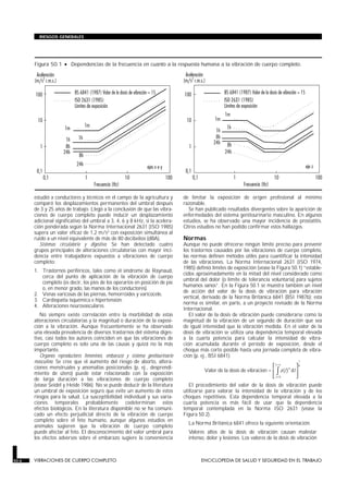 estudió a conductores y técnicos en el campo de la agricultura y
comparó los desplazamientos permanentes del umbral después
de 3 y 25 años de trabajo. Llegó a la conclusión de que las vibra-
ciones de cuerpo completo puede inducir un desplazamiento
adicional significativo del umbral a 3, 4, 6 y 8 kHz, si la acelera-
ción ponderada según la Norma Internacional 2631 (ISO 1985)
supera un valor eficaz de 1,2 m/s2 con exposición simultánea al
ruido a un nivel equivalente de más de 80 decibelios (dBA).
Sistemas circulatorio y digestivo. Se han detectado cuatro
grupos principales de alteraciones circulatorias con mayor inci-
dencia entre trabajadores expuestos a vibraciones de cuerpo
completo:
1. Trastornos periféricos, tales como el síndrome de Raynaud,
cerca del punto de aplicación de la vibración de cuerpo
completo (es decir, los pies de los operarios en posición de pie
o, en menor grado, las manos de los conductores).
2. Venas varicosas de las piernas, hemorroides y varicocele.
3. Cardiopatía isquémica e hipertensión.
4. Alteraciones neurovasculares.
No siempre existe correlación entre la morbilidad de estas
alteraciones circulatorias y la magnitud o duración de la exposi-
ción a la vibración. Aunque frecuentemente se ha observado
una elevada prevalencia de diversos trastornos del sistema diges-
tivo, casi todos los autores coinciden en que las vibraciones de
cuerpo completo es solo una de las causas y quizá no la más
importante.
Organos reproductores femeninos, embarazo y sistema genitourinario
masculino. Se cree que el aumento del riesgo de aborto, altera-
ciones menstruales y anomalías posicionales (p. ej., desprendi-
miento de útero) puede estar relacionado con la exposición
de larga duración a las vibraciones de cuerpo completo
(véase Seidel y Heide 1986). No se puede deducir de la literatura
un umbral de exposición seguro que evite un aumento de estos
riesgos para la salud. La susceptibilidad individual y sus varia-
ciones temporales probablemente codeterminan estos
efectos biológicos. En la literatura disponible no se ha comuni-
cado un efecto perjudicial directo de la vibración de cuerpo
completo sobre el feto humano, aunque algunos estudios en
animales sugieren que la vibración de cuerpo completo
puede afectar al feto. El desconocimiento del valor umbral para
los efectos adversos sobre el embarazo sugiere la conveniencia
de limitar la exposición de origen profesional al mínimo
razonable.
Se han publicado resultados divergentes sobre la aparición de
enfermedades del sistema genitourinario masculino. En algunos
estudios, se ha observado una mayor incidencia de prostatitis.
Otros estudios no han podido confirmar estos hallazgos.
Normas
Aunque no puede ofrecerse ningún límite preciso para prevenir
los trastornos causados por las vibraciones de cuerpo completo,
las normas definen métodos útiles para cuantificar la intensidad
de las vibraciones. La Norma Internacional 2631 (ISO 1974,
1985) definió límites de exposición (véase la Figura 50.1) “estable-
cidos aproximadamente en la mitad del nivel considerado como
umbral del dolor (o límite de tolerancia voluntaria) para sujetos
humanos sanos”. En la Figura 50.1 se muestra también un nivel
de acción del valor de la dosis de vibración para vibración
vertical, derivado de la Norma Británica 6841 (BSI 1987b); esta
norma es similar, en parte, a un proyecto revisado de la Norma
Internacional.
El valor de la dosis de vibración puede considerarse como la
magnitud de la vibración de un segundo de duración que sea
de igual intensidad que la vibración medida. En el valor de la
dosis de vibración se utiliza una dependencia temporal elevada
a la cuarta potencia para calcular la intensidad de vibra-
ción acumulada durante el período de exposición, desde el
choque más corto posible hasta una jornada completa de vibra-
ción (p. ej., BSI 6841):
Valor de la dosis de vibracion = da t t
t
t
( )4
0=
= ∞
∫






1
4
El procedimiento del valor de la dosis de vibración puede
utilizarse para valorar la intensidad de la vibración y de los
choques repetitivos. Esta dependencia temporal elevada a la
cuarta potencia es más fácil de usar que la dependencia
temporal contemplada en la Norma ISO 2631 (véase la
Figura 50.2).
La Norma Británica 6841 ofrece la siguiente orientación.
Valores altos de la dosis de vibración causan malestar
intenso, dolor y lesiones. Los valores de la dosis de vibración
50.6 VIBRACIONES DE CUERPO COMPLETO ENCICLOPEDIA DE SALUD Y SEGURIDAD EN EL TRABAJO
RIESGOS GENERALES
Figura 50.1 • Dependencias de la frecuencia en cuanto a la respuesta humana a la vibración de cuerpo completo.
 