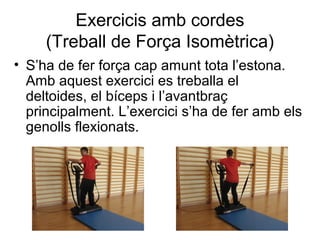 Exercicis amb cordes
     (Treball de Força Isomètrica)
• S’ha de fer força cap amunt tota l’estona.
  Amb aquest exercici es treballa el
  deltoides, el bíceps i l’avantbraç
  principalment. L’exercici s’ha de fer amb els
  genolls flexionats.
 