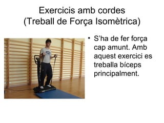 Exercicis amb cordes
(Treball de Força Isomètrica)
               • S’ha de fer força
                 cap amunt. Amb
                 aquest exercici es
                 treballa bíceps
                 principalment.
 