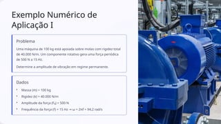 Exemplo Numérico de
Aplicação I
Problema
Uma máquina de 100 kg está apoiada sobre molas com rigidez total
de 40.000 N/m. Um componente rotativo gera uma força periódica
de 500 N a 15 Hz.
Determine a amplitude de vibração em regime permanente.
Dados
• Massa (m) = 100 kg
• Rigidez (k) = 40.000 N/m
• Amplitude da força (F₀) = 500 N
• Frequência da força (f) = 15 Hz ω = 2πf = 94,2 rad/s
→
 