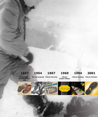 1937
“Carrarmato”,
the first Vibram
sole
1954
The k2 conquest
1967
Vibram Security
1969
Vibram
Golden Plaque
1994
Vibram Ecostep
2001
Vibram Monster
 