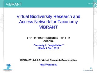 1 of 14 Virtual Biodiversity Research and Access Network for Taxonomy ViBRANT INFRA-2010-1.2.3: Virtual Research Communities http://vbrant.eu Currently in “negotiation” Starts 1 Dec. 2010 FP7  -  INFRASTRUCTURES  -  2010  -  2 CCPCSA 