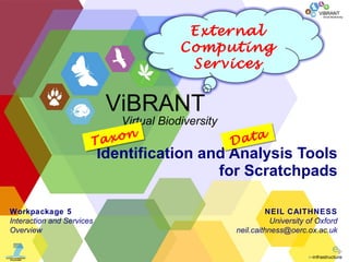 Identification and Analysis Tools for Scratchpads NEIL CAITHNESS University of Oxford [email_address] Workpackage 5 Interaction and Services Overview Taxon Data ViBRANT Virtual Biodiversity External Computing Services 