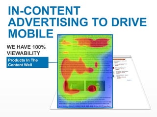 IN-CONTENT
ADVERTISING TO DRIVE
MOBILE
WE HAVE 100%
VIEWABILITY
Products In The
Content Well
 