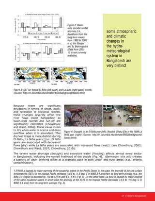 67 | Vibrant Bangladesh
Because there are significant
deviations in timing of onset, peak,
and recession of seasonal rainfall,
these changes severely affect the
river flows inside Bangladesh as
basin-wide rainfall and run-off are
significantly correlated (Chowdhury
and Ward, 2004). These cause rivers
to dry when water is scarce and does
overflow when it is abundant. This
dry/wet stage is more distinct during
El Niño / La Niña years [(i.e., El Niño
years are associated with decreased
flows (dry) while La Niña years are associated with increased flows (wet)] (see Chowdhury, 2003;
Chowdhury and Ward, 2007; Chowdhury, 2010).
The severe water shortage (drought) and excessive water (flooding) affects almost every sector
in Bangladesh, including the overall livelihood of the people (Fig. 4). Alarmingly, this also creates
a scarcity of clean drinking water at a dramatic pace in both urban and rural areas (e.g., arsenic
contamination).
Figure 2: Basin-
wide decadal rainfall
anomaly (i.e.,
deviations from the
long-term mean)
from 1960 to 2000
in a) the Ganges
and b) Brahmaputra
(Data from 2001-
10 is not currently
available).
Figure 3: SST for typical El Niño (left panel) and La Niña (right panel) events.
(Source: http://iri.columbia.edu/climate/ENSO/background/basics.html)
Figure 4: Drought in an El Niño year (left); flooded Dhaka City in the 1998 La
Niña year (right) (Source: http://iri.columbia.edu/climate/ENSO/background/
basics.html)
some atmospheric
and climatic
changes in
the hydro-
meteorological
system in
Bangladesh are
very distinct
1 El Niño is caused by major warming of the equatorial waters in the Pacific Ocean. In this case, the anomaly of the sea surface
temperatures (SSTs) in the tropical Pacific increases (+0.5 to +1.5 deg. C in NINO 3.4 area from its long-term average (e.g., the
Niño 3.4 Region is bounded by 120°W-170°W and 5°S- 5°N.) (Fig. 3). On the other hand, La Niña is caused by major cooling
of the same equatorial waters in which case the anomaly of the SSTs in the tropical Pacific decreases (-0.5 to -1.5 deg. C in
NINO 3.4 area) from its long-term average (Fig. 3).
 