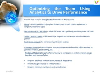 Optimizing the Team Using
Analytics to Drive Performance
Vibrant uses analytics throughout our business to drive success
Hiring – Predictive Index (PI) to place Professionals in roles that fit well within a
range of personality types

Disciplined use of CRM tools – allows for better data gathering/modeling down the road
Subject Matter Experts – SME’s can have a significant role as specialization become
greater
Root Cause Analysis of a call anatomy with score carding

Campaign Analysis of productive vs. non-productive results based on effort required to
generate revenue, Lead scoring, etc.
Predictive Modeling to apply effort unevenly to campaigns or customer target groups
based on past success/failure

•
•

Potential augmentation of additional data

•
1/14/2014

Requires a defined and consistent process & dispositions
Requires minimum number of positive outcomes
14

 