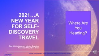 2021…A
NEW YEAR
FOR SELF-
DISCOVERY
TRAVEL
Take A Virtual Journey Into the Cognitive
Recesses of Your Own Brain
VIBRANT PERFORMANCE TODAY -CERTIFIED TAIS FACILITATOR -910.5504471
1
2/1/2021
Where Are
You
Heading?
3/15/2021
 