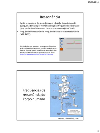 15/08/2014 
3 
Ressonância 
•Existe ressonância de um sistema em vibração forçada quando qualquer alteração por menor que seja na frequência de excitação provoca diminuição em uma resposta do sistema (NBR 7497). 
•Frequência de ressonância: Frequência na qual existe ressonância (NBR 7497). 
Oscilação forçada: quando a força externa é contínua e periódica e possui a mesma frequência da oscilação livre do sistema, haverá um efeito de ressonância que aumentará a amplitude do deslocamento do bloco. 
http://pt.wikipedia.org/wiki/Resson%C3%A2ncia 
Frequências de ressonância do corpo humano 
Sven-Olof Emanuelsson (1998)  