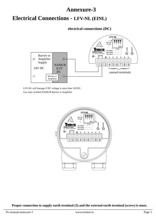 Proper connection to supply earth terminal (3) and the external earth terminal (screw) is must.
LFV-NL will damage if DC voltage is more than 16VDC.
Use only certified NAMUR Barrier or Amplifier
NAMUR
Barrier or
Amplifier
Barrier or
Amplifier
Supply
8.2V
DC
24V DC
1 2 3 4 5 6 7 8 9
x
dry delay
wet delay
low alarm
to set
turn-on
LFV-NL
alarm
power
5 sec
U 8.2V DC
x x x x x
NAMUR Output
(⩽1.2mA & ⩾2.2mA)
1 2 3 4
ON
unused terminals
x
lfv-manual-annexure-3 www.trumen.in
Annexure-3
Electrical Connections - LFV-NL (EINL)
electrical connections (DC)
Page 3
1 2 3 4 5 6 7 8 9
x
dry delay
wet delay
low alarm
to set
turn-on
LFV-NL
alarm
power
5 sec
U 8.2V DC
x x x x x
NAMUR Output
(⩽1.2mA & ⩾2.2mA)
ON
1 2 3 4
ON
x
 