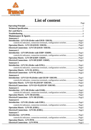 List of content
Introduction - LFV-UD (Order code EIUD / ERUD)......................................................
controls & indicators, connection terminals, configuration switches.........................
Electrical Connections - LFV-UD (EIUD / ERUD)..........................................................
Operating Principle.....................................................................................................................
Technical Specification................................................................................................................
Do's and Don'ts............................................................................................................................
Troubleshooting...........................................................................................................................
Maintenance & Spares...............................................................................................
Operation Matrix - LFV-UD (EIUD / ERUD)..................................................................
1
Page1
2
3
4
4
Page
Annexure-1
Page1
Page2
Page3
Introduction - LFV-DP (Order code EIDP / ERDP)........................................................
controls & indicators, connection terminals, configuration switches.........................
Electrical Connections - LFV-DP (EIDP / ERDP)............................................................
Operation Matrix - LFV-DP (EIDP / ERDP)....................................................................
Page1
Annexure-2
Page1
Page2
Page3
Introduction - LFV-NL (Order code EINL).....................................................................
controls & indicators, connection terminals, configuration switches.........................
Electrical Connections - LFV-NL (EINL).........................................................................
Operation Matrix - LFV-NL (EINL).................................................................................
Page1
Annexure-3
Page1
Page2
Page3
Introduction - LFV-U(S+P) (Order code EIUSP / ERUSP)............................................
controls & indicators, connection terminals, configuration switches.........................
Electrical Connections - LFV-U(S+P) (EIUSP / ERUSP)................................................
Operation Matrix - LFV-U(S+P) (EIUSP / ERUSP)........................................................
Page1
Annexure-4
Page1
Page2
Page3
Introduction - LFV-AR (Order code EIAR).....................................................................
controls & indicators, connection terminals, configuration switches.........................
Electrical Connections - LFV-AR (EIAR)........................................................................
Operation Matrix - LFV-AR (EIAR)................................................................................
Page1
Annexure-5
Page1
Page2
Page3
Introduction - LFV-DL (Order code EIDL).....................................................................
controls & indicators, connection terminals, configuration switches.........................
Electrical Connections - LFV-DL (EIDL)........................................................................
Operation Matrix - LFV-DL (EIDL)................................................................................
Page1
Annexure-6
Page1
Page2
Page3
®
sensing matters
Introduction - LFV-PFM....................................................................................................Page1
Annexure-7
controls & indicators, connection terminals, configuration switches......................... Page1
Electrical Connections - LFV-PFM...................................................................................
Operation Matrix - LFV-PFM...........................................................................................Page2
Page3
 