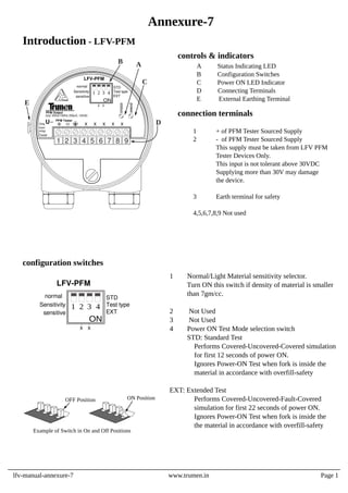 1 Normal/Light Material sensitivity selector.
Turn ON this switch if density of material is smaller
than 7gm/cc.
2 Not Used
3 Not Used
4 Power ON Test Mode selection switch
STD: Standard Test
Performs Covered-Uncovered-Covered simulation
for first 12 seconds of power ON.
Ignores Power-ON Test when fork is inside the
material in accordance with overfill-safety
EXT: Extended Test
Performs Covered-Uncovered-Fault-Covered
simulation for first 22 seconds of power ON.
Ignores Power-ON Test when fork is inside the
the material in accordance with overfill-safety
configuration switches
OFF Position
Example of Switch in On and Off Positions
ON Position
1 + of PFM Tester Sourced Supply
2 - of PFM Tester Sourced Supply
This supply must be taken from LFV PFM
Tester Devices Only.
This input is not tolerant above 30VDC
Supplying more than 30V may damage
the device.
3 Earth terminal for safety
4,5,6,7,8,9 Not used
A Status Indicating LED
B Configuration Switches
C Power ON LED Indicator
D Connecting Terminals
E External Earthing Terminal
controls & indicators
connection terminals
lfv-manual-annexure-7 www.trumen.in
Annexure-7
Introduction - LFV-PFM
Page 1
B
1 2 3 4 5 6 7 8 9
A
C
D
E
sensitive
STD
LFV-PFM
status
power
U PFM Tester
x x x x x
PFM Output
(o/p: 50Hz/150Hz 200𝜇S, 10mA)
1 2 3 4
ON
Only
from
PFM
Tester
EXT
Test type
x x
normal
Sensitivity
sensitive
STD
LFV-PFM
1 2 3 4
ON
EXT
Test type
x x
normal
Sensitivity
 