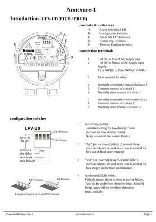 Introduction - LFV-UD (EIUD / ERUD)
1 sensitivity control
sensitive setting for low density fluids
(turn-on for low density fluids)
(keep turned-off for normal fluids)
2 “dry” (or uncovered) delay (5 second delay)
(turn-on when 5 second more time is needed for
fork out of fluid confirmation)
3 “wet” (or covered) delay (5 second delay)
(turn-on when 5 second more time is needed for
fork dipped in the fluid confirmation)
4 minimum failsafe select
Failsafe means alarm is same as power failure.
Turn on for underflow detection (min. failsafe)
Keep turned off for overflow detection
(max. failsafe)
configuration switches
OFF Position ON Position
Example of Switch in On and Off Positions
1 + of DC or Live of AC Supply input
2 - of DC or Neutral of AC Supply input
Supply:
15 to 80VDC or 15 to 260VAC 50/60Hz
3 Earth terminal for safety
4 Normally connected terminal of contact 1
5 Common terminal of contact 1
6 Normally open terminal of contact 1
7 Normally connected terminal of contact 2
8 Common terminal of contact 2
9 Normally open terminal of contact 2
A Alarm Indicating LED
B Configuration Switches
C Power ON LED Indicator
D Connecting Terminals
E External Earthing Terminal
controls & indicators
connection terminals
sensitive
dry delay
wet delay
min failsafe
to set
turn-on
LFV-UD
5 Sec
ON Position
OFF Position
lfv-manual-annexure-1 www.trumen.in Page 1
Annexure-1
sensitive
dry delay
wet delay
min failsafe
to set
turn-on
LFV-UD
5 Sec
status
power
L1 N
U 15... 80V DC
15... 260V AC
1 2 3 4 5 6 7 8 9
D
B
C
A
E
ON
 