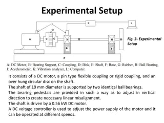 Experimental Setup
It consists of a DC motor, a pin type flexible coupling or rigid coupling, and an
over hung circular disc on the shaft.
The shaft of 19 mm diameter is supported by two identical ball bearings.
The bearing pedestals are provided in such a way as to adjust in vertical
direction to create necessary linear misalignment.
The shaft is driven by a 0.56 kW DC motor.
A DC voltage controller is used to adjust the power supply of the motor and it
can be operated at different speeds.
Fig. 3- Experimental
Setup
 