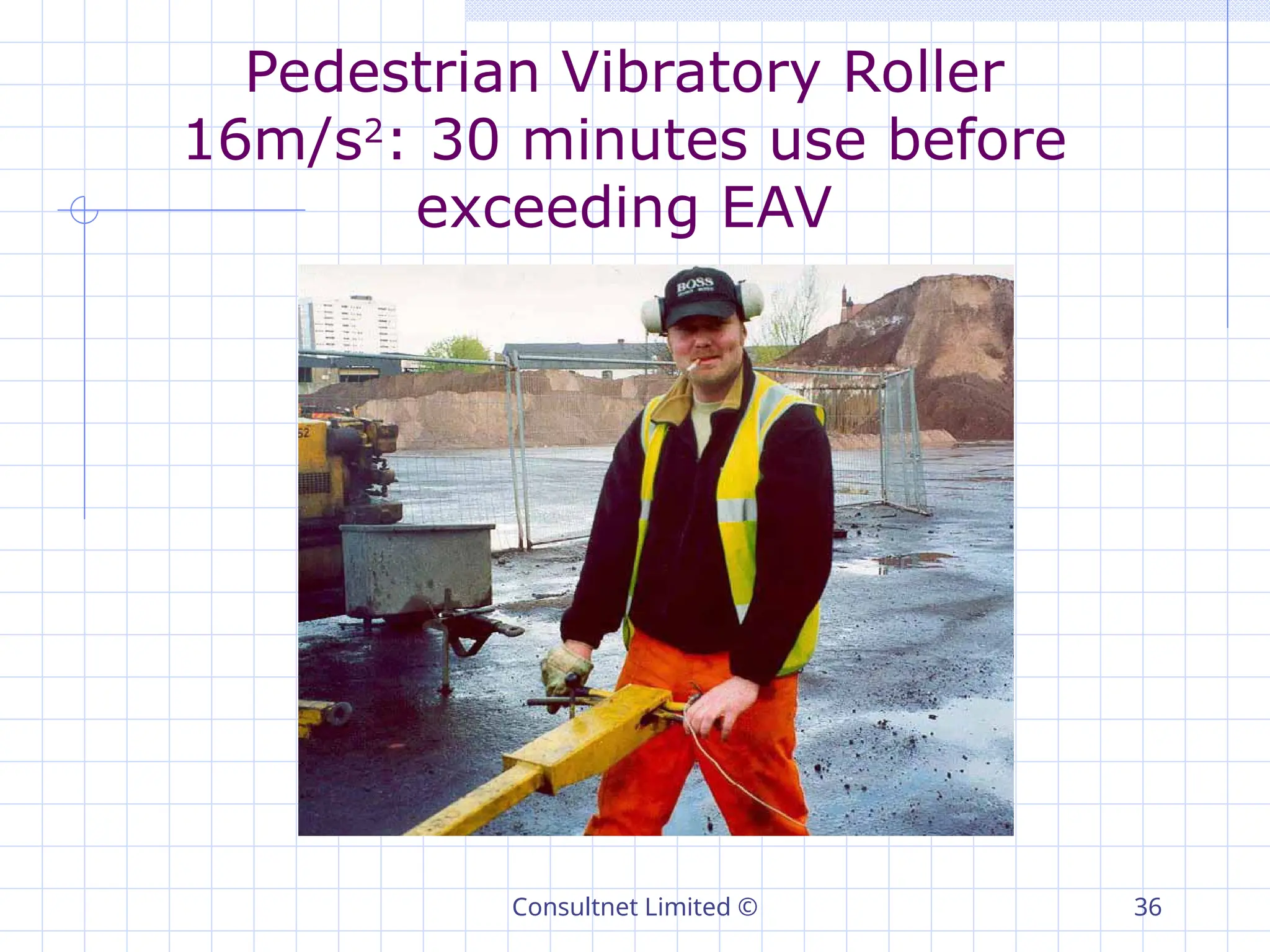 Consultnet Limited © 36
Pedestrian Vibratory Roller
16m/s2
: 30 minutes use before
exceeding EAV
 