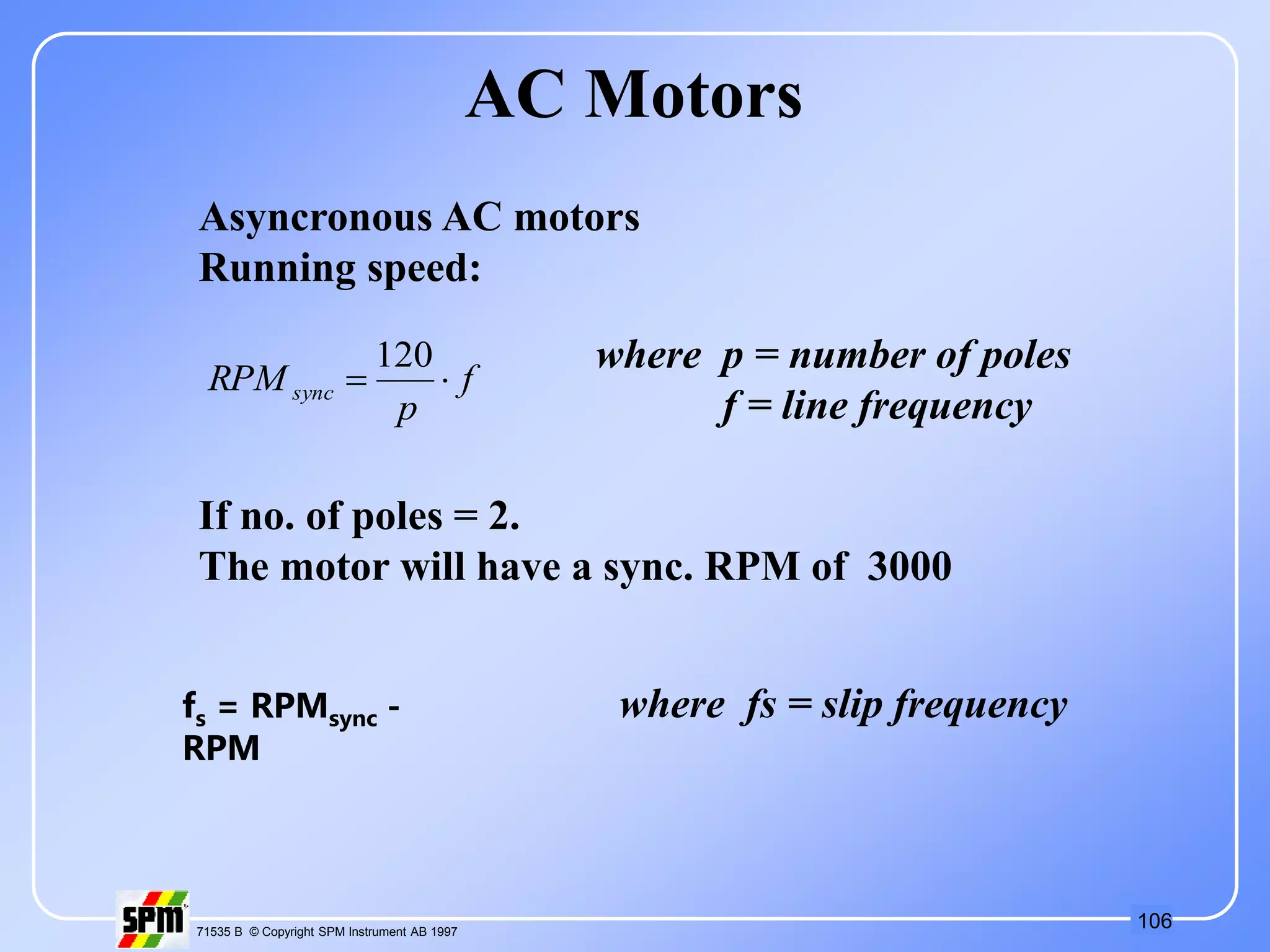 106
71535 B © Copyright SPM Instrument AB 1997
f
p
RPM sync 

120
Asyncronous AC motors
Running speed:
where p = number of poles
f = line frequency
If no. of poles = 2.
The motor will have a sync. RPM of 3000
where fs = slip frequency
AC Motors
fs = RPMsync -
RPM
 