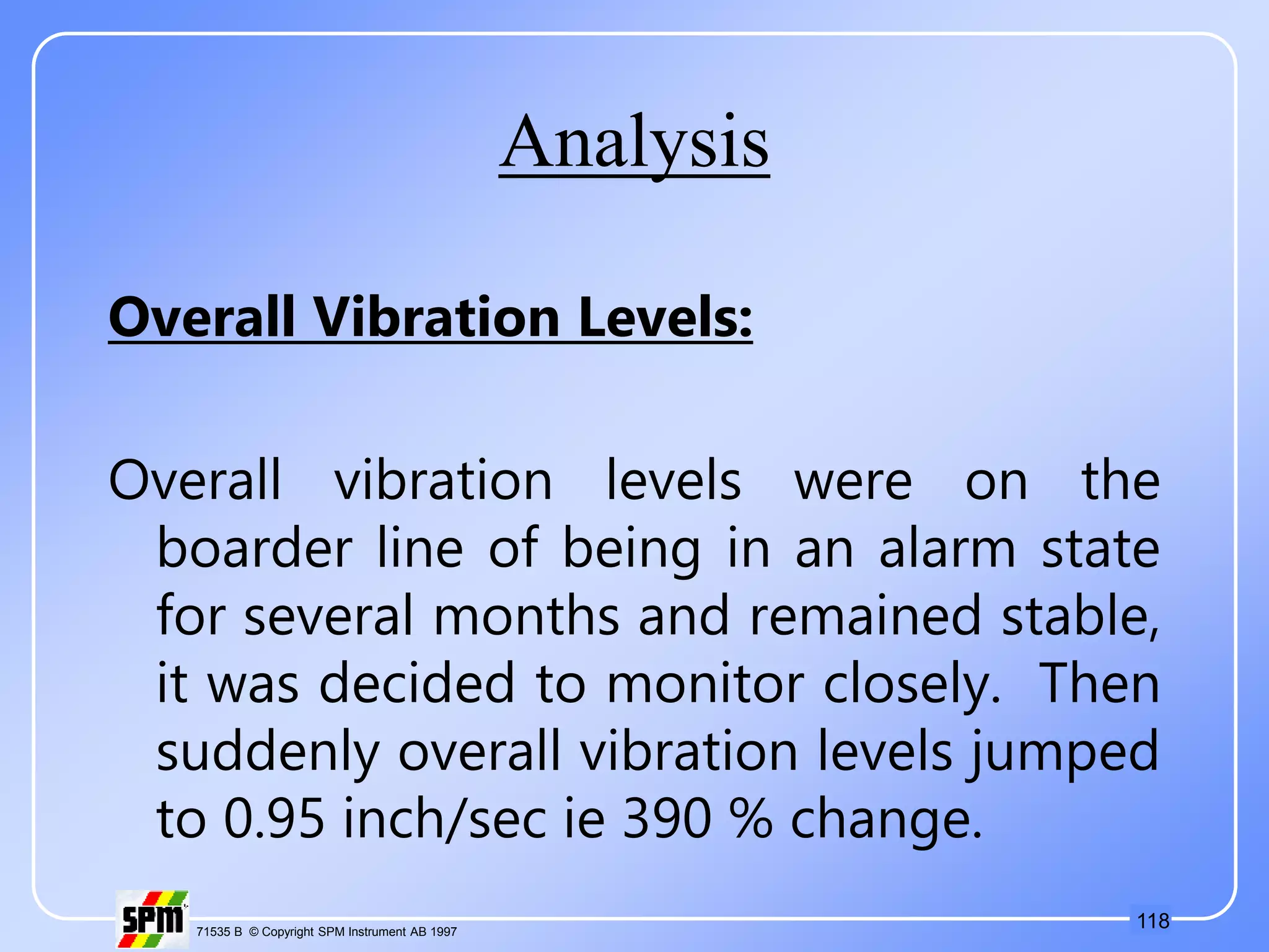 118
71535 B © Copyright SPM Instrument AB 1997
Analysis
Overall Vibration Levels:
Overall vibration levels were on the
boarder line of being in an alarm state
for several months and remained stable,
it was decided to monitor closely. Then
suddenly overall vibration levels jumped
to 0.95 inch/sec ie 390 % change.
 