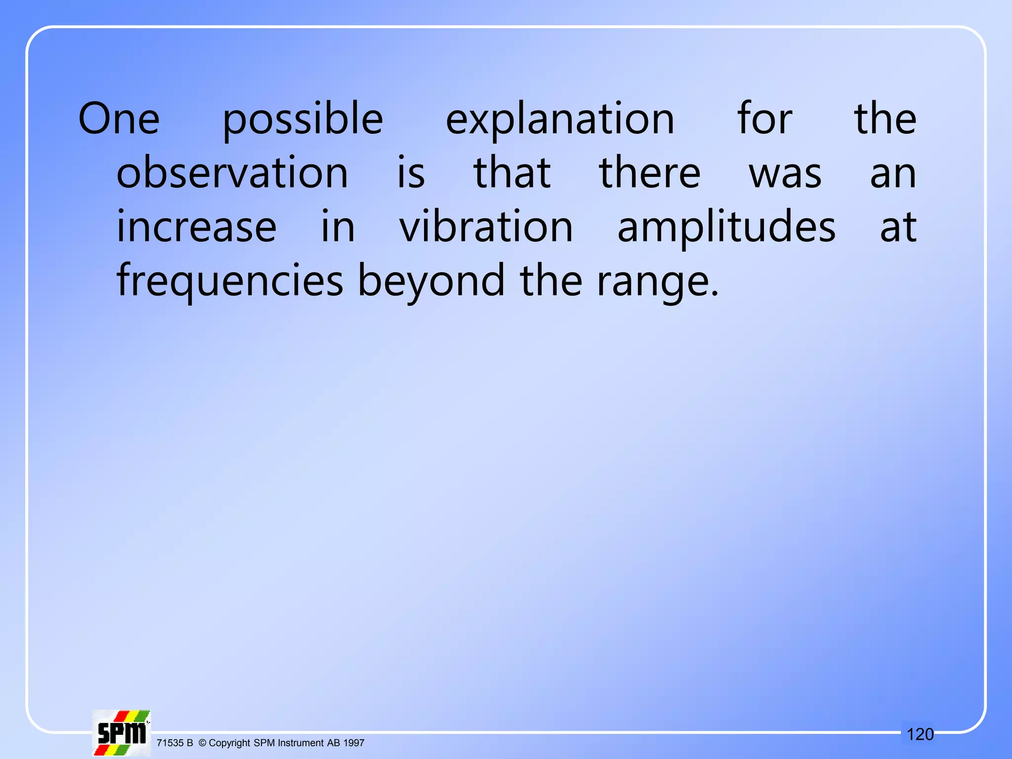 120
71535 B © Copyright SPM Instrument AB 1997
One possible explanation for the
observation is that there was an
increase in vibration amplitudes at
frequencies beyond the range.
 