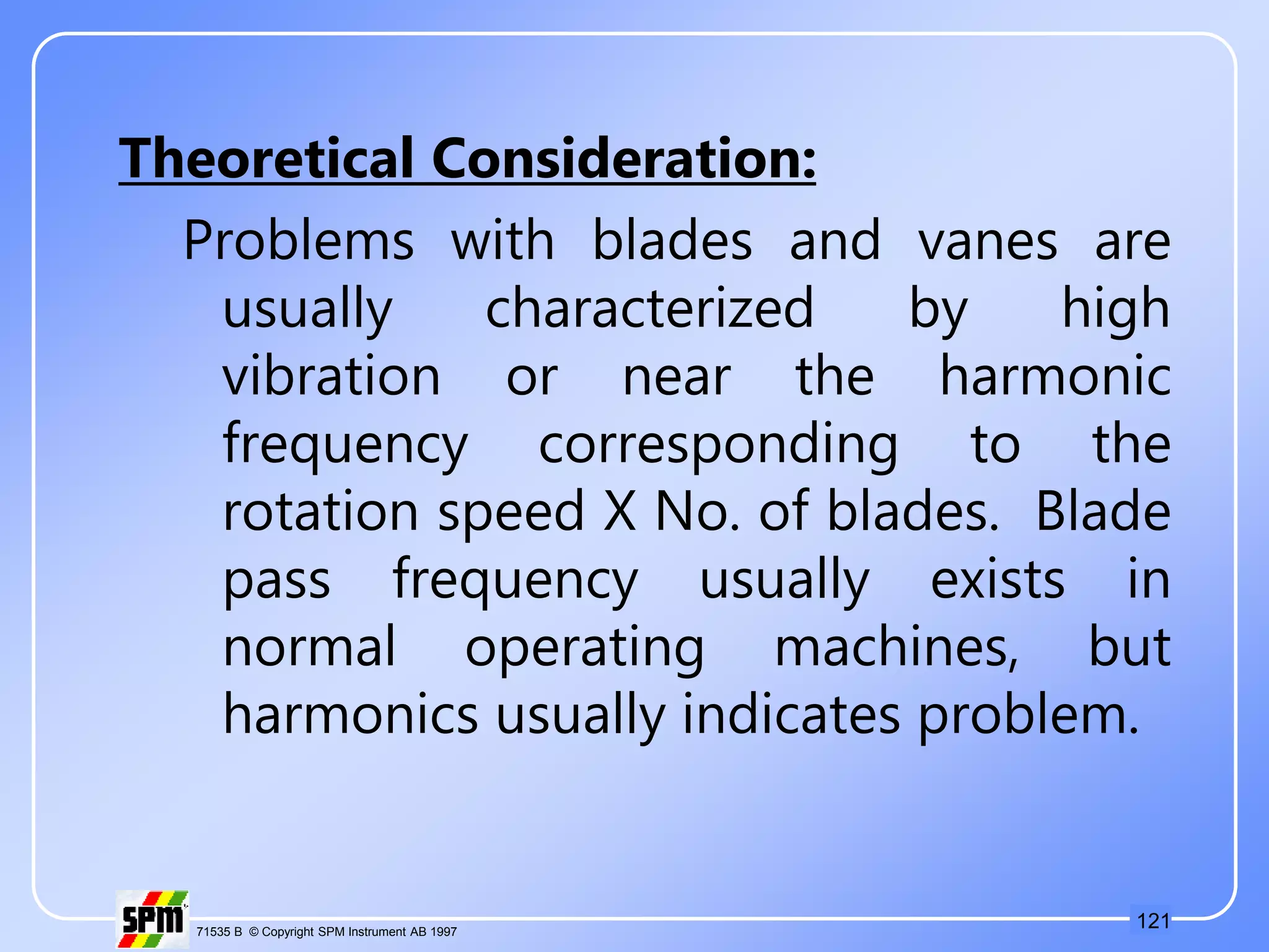 121
71535 B © Copyright SPM Instrument AB 1997
Theoretical Consideration:
Problems with blades and vanes are
usually characterized by high
vibration or near the harmonic
frequency corresponding to the
rotation speed X No. of blades. Blade
pass frequency usually exists in
normal operating machines, but
harmonics usually indicates problem.
 